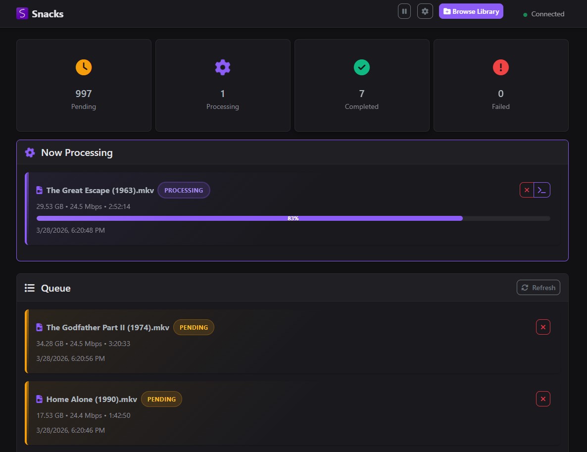Snacks web interface showing encoding progress